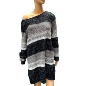 Alfani Sweater Dress Women L Black Gray Striped Long Sleeve Knit Casual Pullover